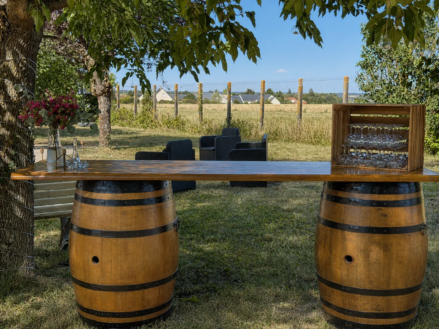 Comptoir champêtre installé lors d’un événement réel.