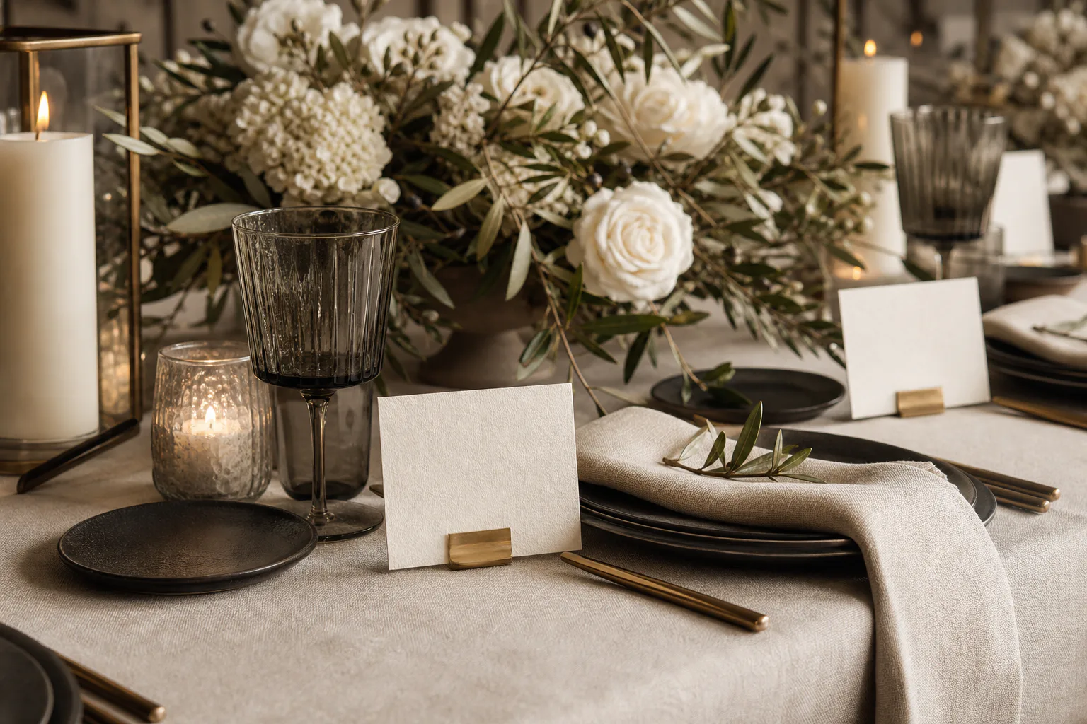 Détail d’une table de réception élégante avec papeterie ivoire et accents bronze.