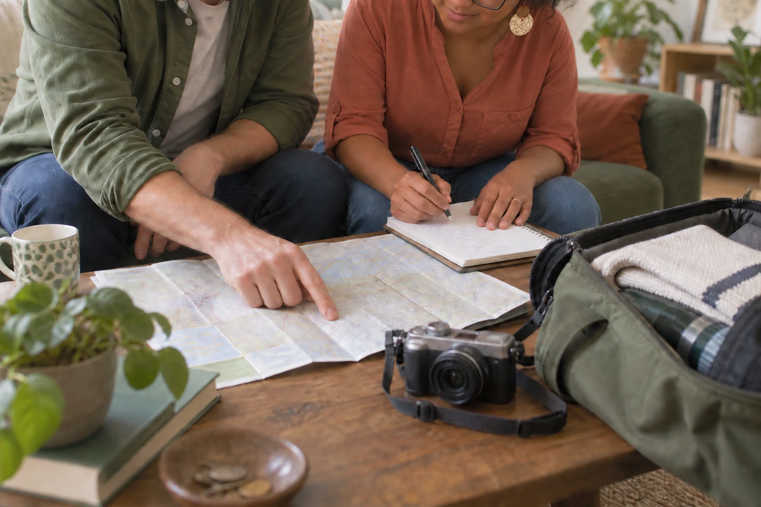 Riana note les étapes d’un voyage pendant qu’une personne indique un lieu sur la carte.